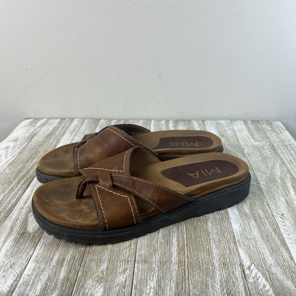 MIA Brown Leather Thong Sandals 7.5 Comfort Y2K